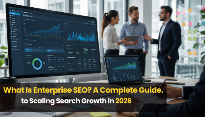 What Is Enterprise SEO? A Complete Guide. showing business professionals reviewing SEO analytics dashboards for search growth in 2026.