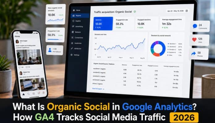 GA4 dashboard displaying social media traffic data and engagement metrics, explaining what is organic social in Google Analytics and how organic social traffic is tracked.