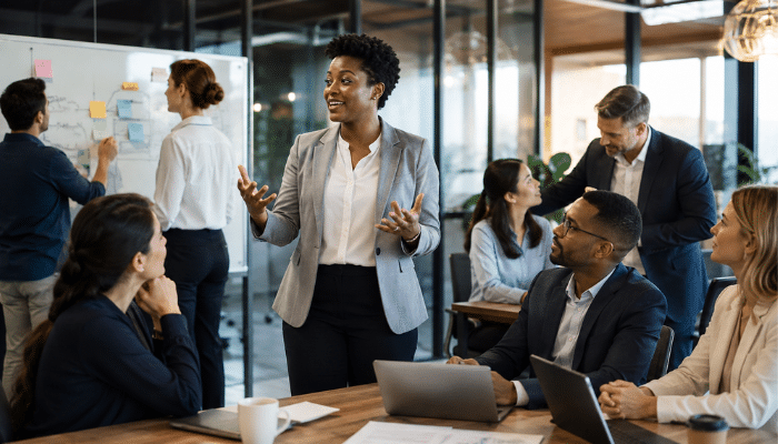 | Startup Editor Servant Leadership vs Transformational Leadership example with diverse business professionals collaborating and sharing leadership ideas.