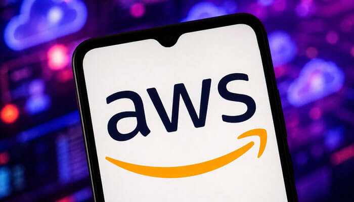 What to Look for in an AWS Data Lake Partner - Startupeditor | Startup Editor Smartphone screen displaying the AWS logo on a white background with a yellow curved arrow.