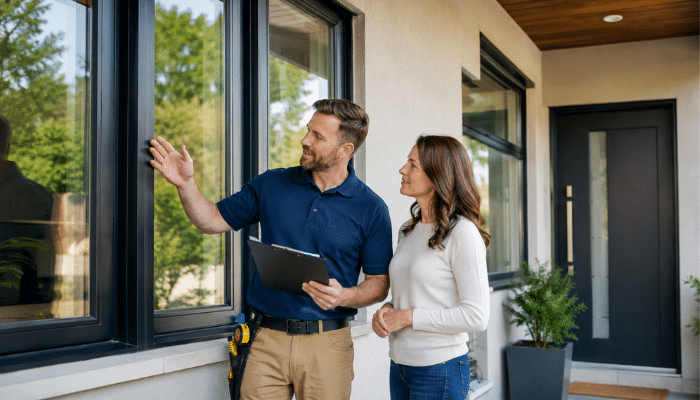 Energy Efficiency and Tax Credit Marketing | Startup Editor Window and Door Installer Marketing consultation showing a contractor explaining energy-efficient windows to a homeowner.