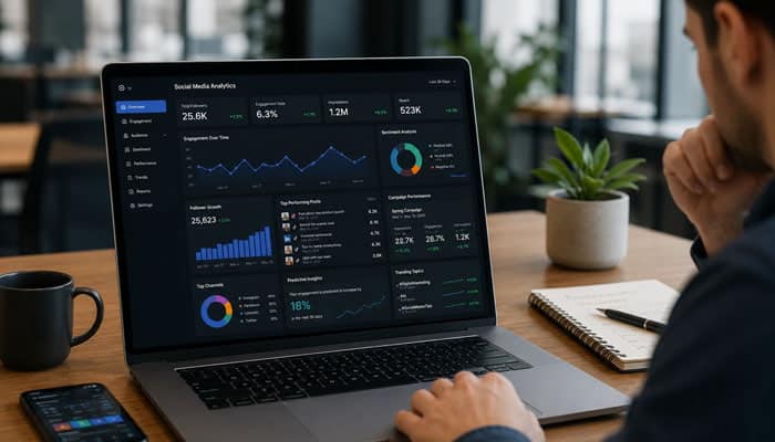 AI in Social Media Analytics - Startupeditor | Startup Editor Digital marketer reviewing how to track social media metrics on a professional analytics dashboard