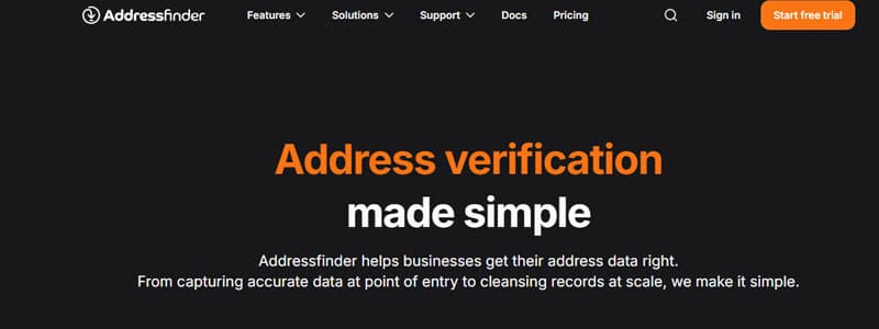 Address Finder - Startupeditor | Startup Editor Hero banner for Addressfinder: orange 'Address verification' headline and white 'made simple' on a dark background with navigation bar at the top.