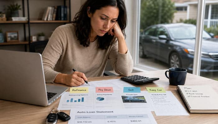 Alternatives to Rolling Negative Equity Into Another Loan - Startupeditor | Startup Editor Woman comparing auto-loan options before visiting dealerships that will pay off your trade no matter what you owe.