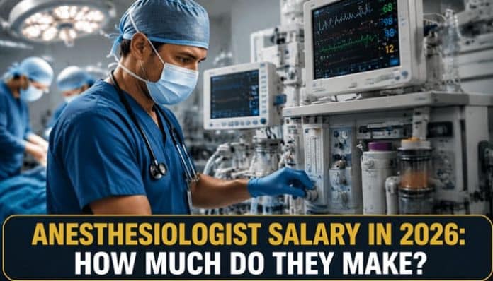 Anesthesiologist monitoring a patient in an operating room for an anesthesiologist salary in 2026 guide.