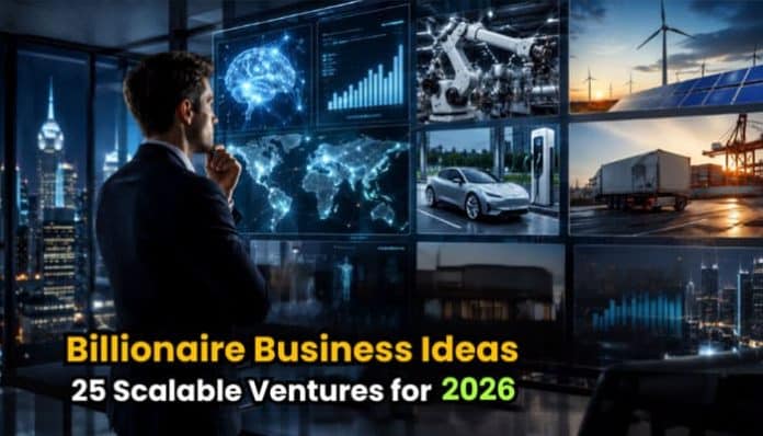 Billionaire business ideas featuring AI, renewable energy, electric vehicles, logistics, space technology, and global innovation.