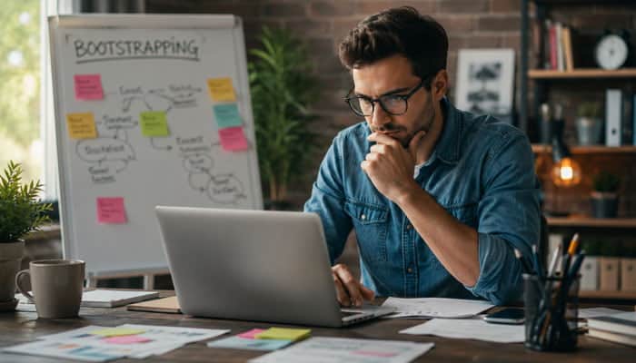 Bootstrapping - Startupeditor | Startup Editor Entrepreneur researching bootstrapping strategies and billionaire business ideas from a home office.