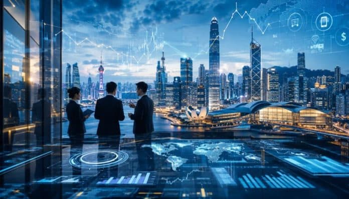 Business Trend FTAsiaFinance analysis showing Asian city skyline, digital finance charts, and regional market data.
