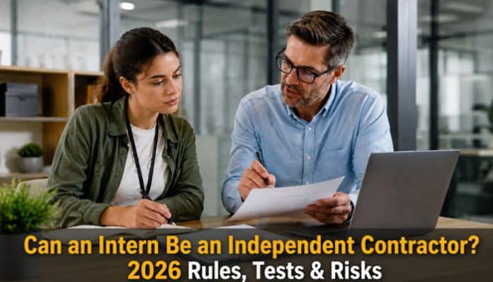 Can an intern be an independent contractor in 2026 as a supervisor reviews an agreement with a young intern.