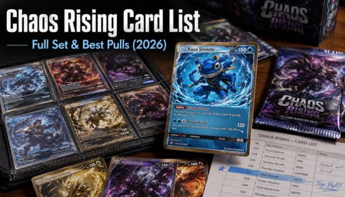 Chaos Rising Card List featuring collectible Pokémon cards, booster packs and a printed set checklist.