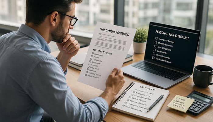 Check Your Personal Risk - Startupeditor | Startup Editor Employee reviewing an employment agreement, personal risk checklist, and exit plan before deciding, Should I join a startup