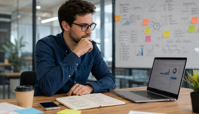 Check the Startups Stage and Funding Model - Startupeditor | Startup Editor Professional reviewing business data and notes while deciding, Should I join a startup