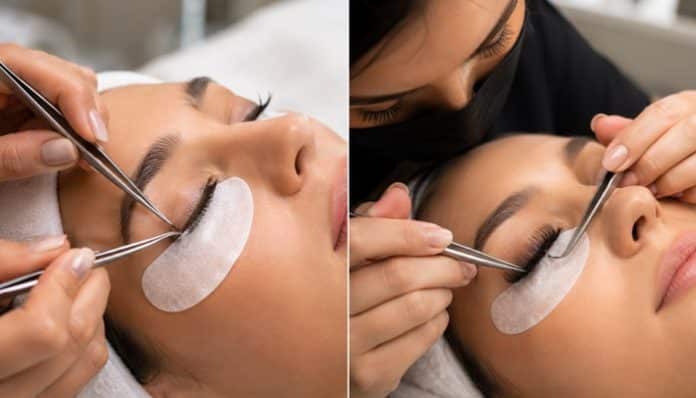 Woman receiving an eyelash extension treatment; technician uses tweezers with eye pads under lower lashes in a spa setting (left panel).