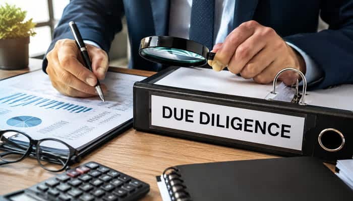 Complete Due Diligence - Startupeditor | Startup Editor Investor reviewing financial documents with a magnifying glass during due diligence for startup funding types.