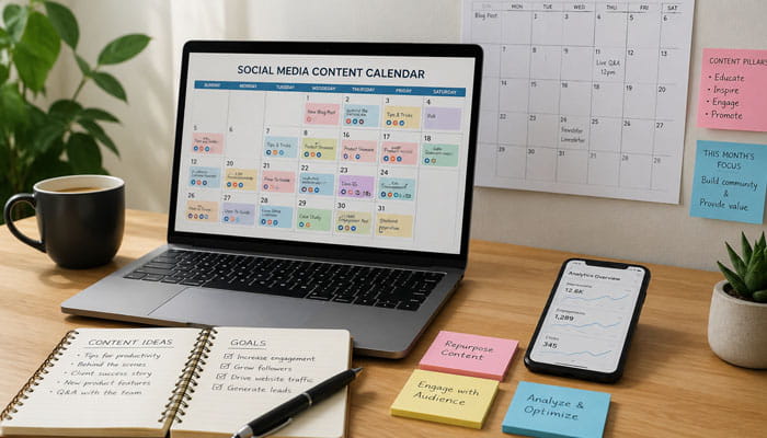 Create A Monthly Social Media Content Calendar - Startupeditor | Startup Editor How to use social media for e-commerce with a monthly social media content calendar on a laptop