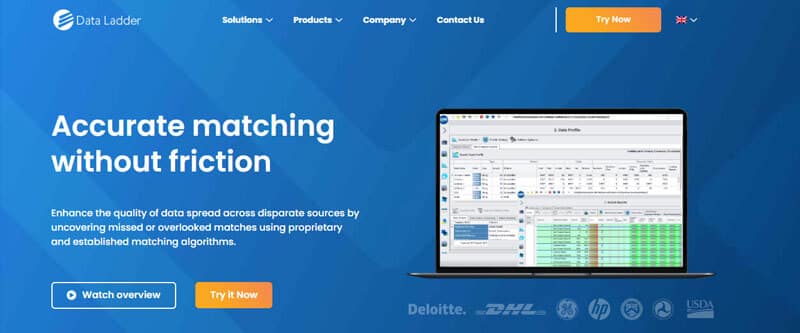 Dataladder - Startupeditor | Startup Editor Hero banner for Data Ladder: blue gradient with headline 'Accurate matching without friction' and laptop screenshot, plus 'Watch overview' and 'Try It Now' buttons.
