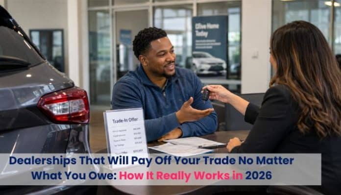 Dealership representative discussing a trade-in with a customer at dealerships that will pay off your trade no matter what you owe.