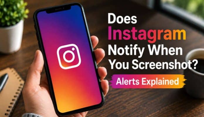 Does Instagram Notify When You Screenshot—Instagram screenshot alert guide displayed beside a smartphone.