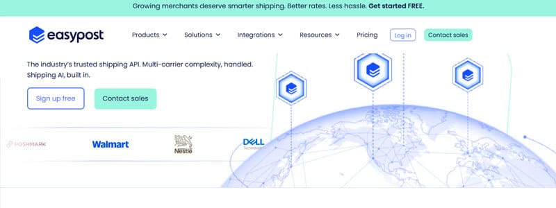 Easypost - Startupeditor | Startup Editor Easypost homepage hero: globe/world map with hex icon nodes, banner and logo on left, call-to-action buttons.