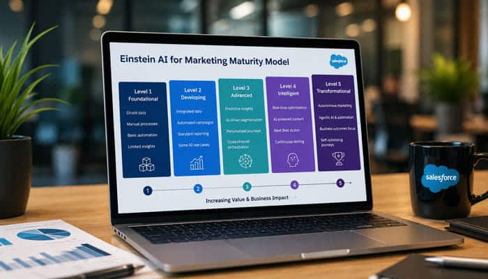 Einstein AI for Marketing Maturity Model - Startupeditor | Startup Editor Einstein AI for Marketing maturity model showing five stages from foundational adoption to transformational automation.