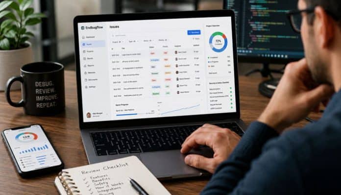 Developer reviewing Endbugflow Software dashboard on a laptop with bug reports, analytics, and project workflow tools.