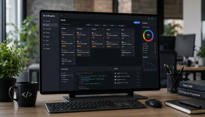 Endbugflow Software for Developers - Startupeditor | Startup Editor Endbugflow Software dashboard showing bug tickets, code context, issue status columns, and developer analytics on a modern workstation.