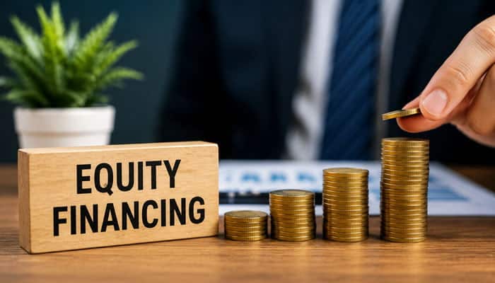 Equity Financing - Startupeditor | Startup Editor Business professional stacking coins beside an equity financing sign, representing startup funding types based on ownership investment.