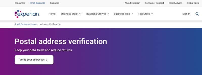 Experian Address Verification - Startupeditor | Startup Editor Postal address verification page on Experian with gradient banner and a 'Verify your addresses' button