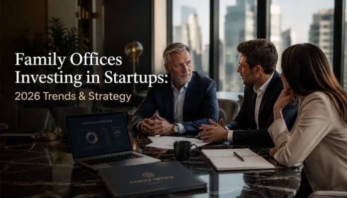 Family offices investing in startups during a private funding discussion with a startup founder.