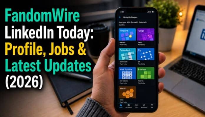FandomWire LinkedIn Today guide displayed beside a smartphone showing LinkedIn Games, profile information, jobs, and latest updates.
