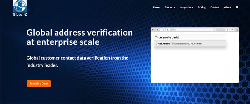 GlobalZ - Startupeditor | Startup Editor Hero banner for Global-Z: 'Global address verification at enterprise scale' with a blue hexagonal background, logo top-left, nav across top, 'Schedule a Demo' CTA, and a right-side address-search screenshot.