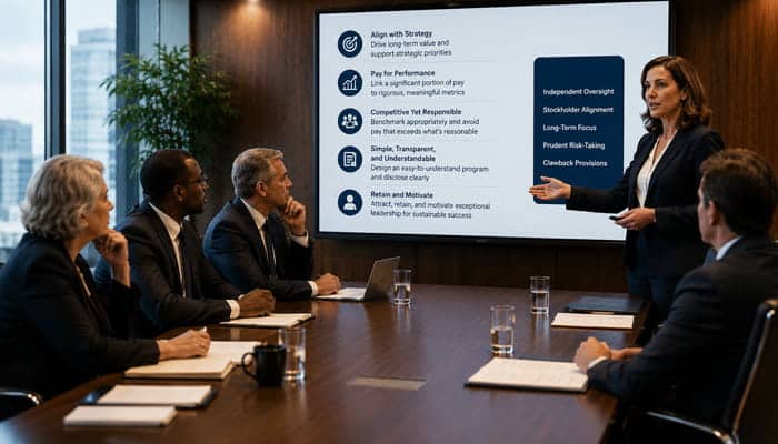 How Boards Should Set CEO Compensation - Startupeditor | Startup Editor Board members discussing startup CEO equity compensation and executive performance incentives in a meeting.