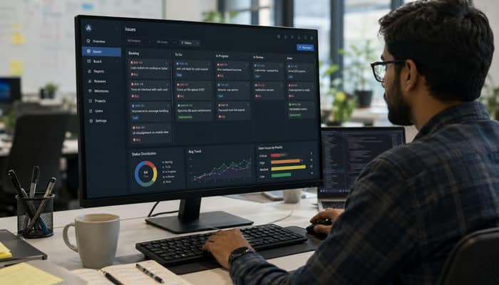How Does Endbugflow Software Work - Startupeditor | Startup Editor Software developer using Endbugflow Software on a large monitor to manage issue tracking, debugging tasks, and workflow analytics.