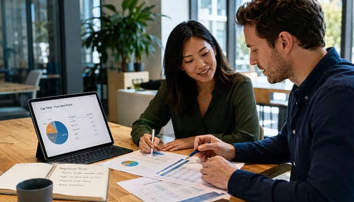 How Founders Can Preserve More Equity - Startupeditor | Startup Editor Startup founders reviewing cap table documents to preserve more startup founder equity.