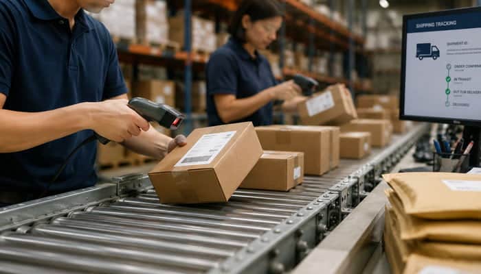 How International SpeedX Tracking and Carrier Handoffs Work - Startupeditor | Startup Editor Warehouse workers scanning parcels for SpeedX Tracking updates on a conveyor belt.