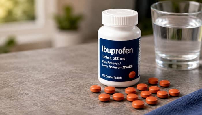 How Many Ibuprofen Tablets Can You Take in 24 Hours - Startupeditor | Startup Editor Ibuprofen 200 mg bottle with tablets and water illustrating the maximum dose of ibuprofen in 24 hours.