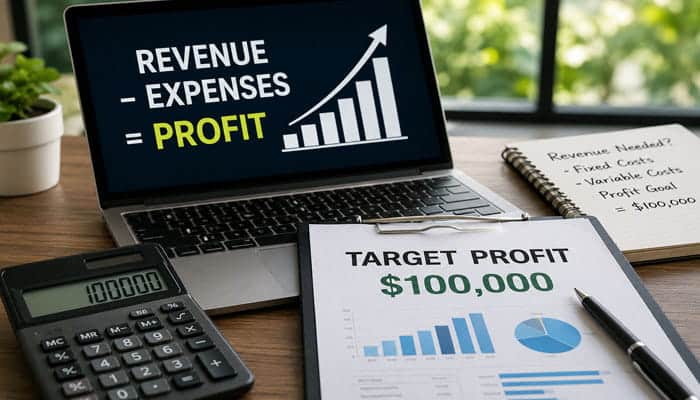 How Much Revenue Is Needed to Earn 0K in Profit - Startupeditor | Startup Editor Laptop showing revenue minus expenses equals profit with a 0,000 target for how to make 100K a month.