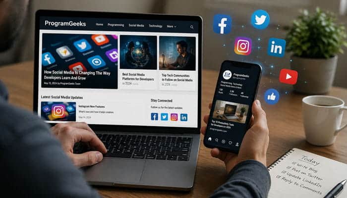 How ProgramGeeks Social Media Works - Startupeditor | Startup Editor ProgramGeeks Social Media platform displayed on laptop and phone with social media icons and content updates.