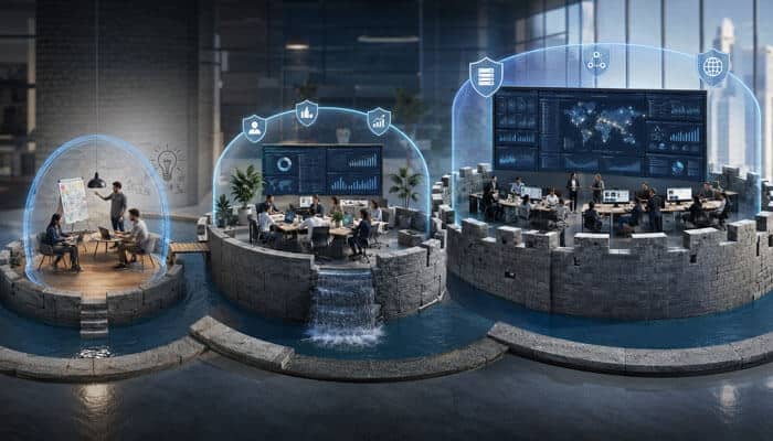 How Startup Moats Change by Business Stage - Startupeditor | Startup Editor Three circular, glass-domed work pods on a water feature, busy with people at desks and large data screens, connected by blue holographic graphics—digital collaboration hub.