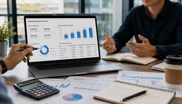 How Startup Salary Data Is Calculated - Startupeditor | Startup Editor Startup founders reviewing average startup salary benchmarks, compensation charts, and employee pay data on a laptop.
