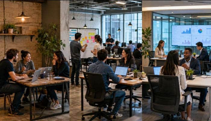 How Startup Stage Changes the Employee Experience - Startupeditor | Startup Editor Working at a startup vs big company shown through startup collaboration and professional corporate teams.