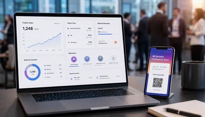 How the GamificationSummit Method Ticket Sales Model Works - Startupeeditor 1 | Startup Editor Laptop showing GamificationSummit Method Ticket Sales analytics beside a mobile conference pass at a business event.