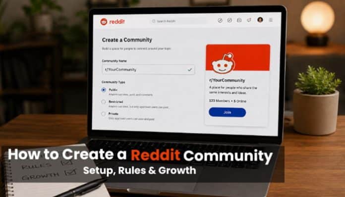 Laptop displaying Reddit community setup steps with the title how to create a Reddit community.