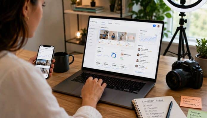 How to Improve Social Media Content with a marketer reviewing posts on a laptop and smartphone