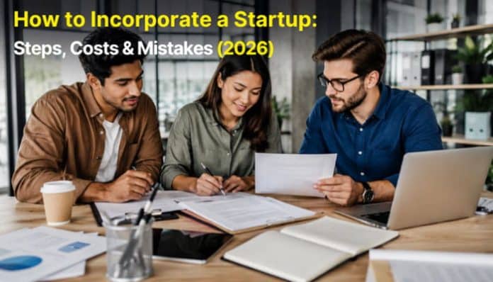 Startup founders reviewing legal documents and discussing how to incorporate a startup
