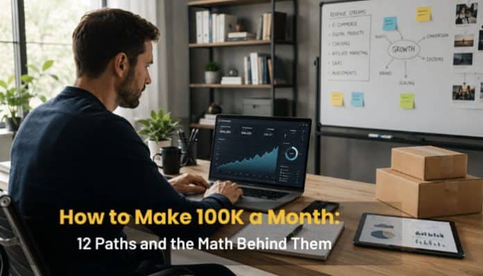 Entrepreneur reviewing business growth data while learning how to make 100K a month through multiple income paths.