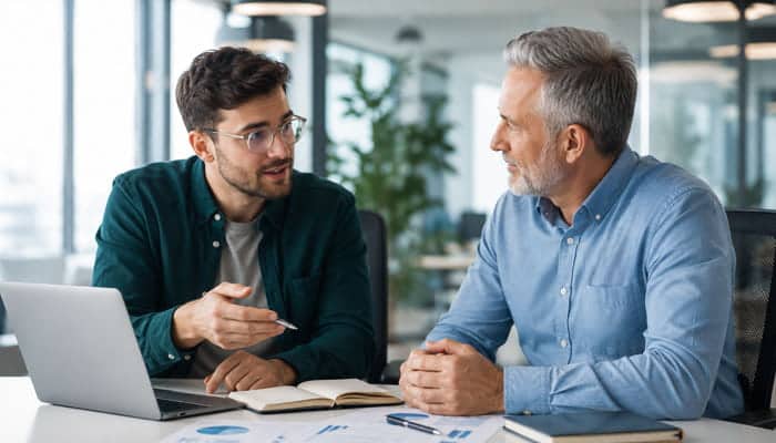How to Manage a Startup Advisor - Startupeditor | Startup Editor Founder meeting with an advisor for startups to review goals and business performance.