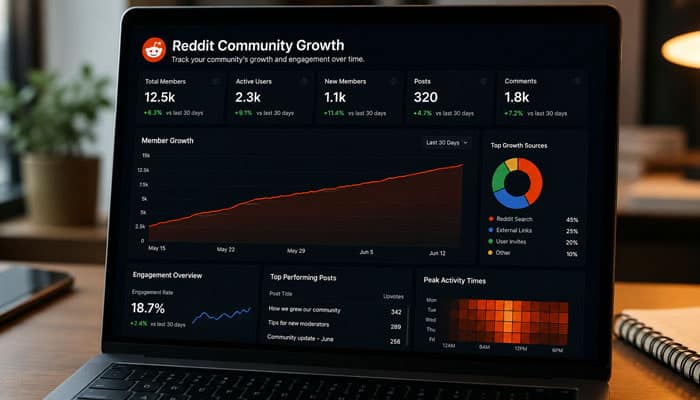 How to Measure Reddit Community Growth - Startupeditor | Startup Editor Reddit analytics dashboard showing member growth, activity, posts, and comments after learning how to create a Reddit community.