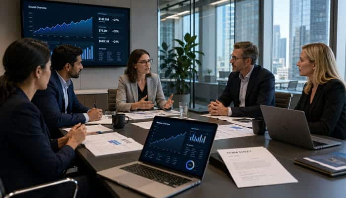 How to Prepare for Series E Funding - Startupeditor | Startup Editor Founders and investors reviewing financial data and a term sheet while preparing for Series E funding.