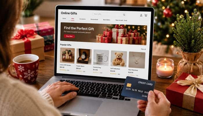 How to Shop Safely for Gifts Online - Startupeditor | Startup Editor Woman using a laptop and credit card to shop safely online with the WhatUTalkingBoutWillis Gift Guide.